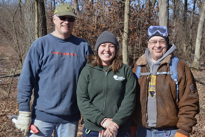 Jerry Stoeckigt; Raquel Garcia-Alvarez, volunteer stewardship coordinator for the Preserves, and David Ventre