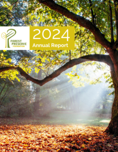 A tree with sunlight streaming from behind and the Forest Preserve Foundation LOGO and copy that says 2024 Annual Report