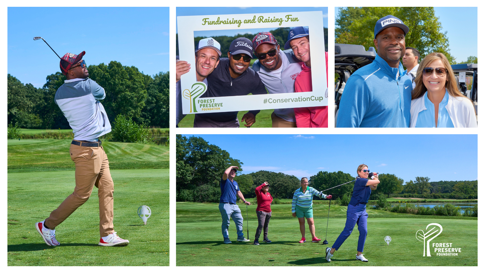 A collage of 5 images of people enjoying a day of golf and each other's company on a day with bright blue skies and green course and trees.